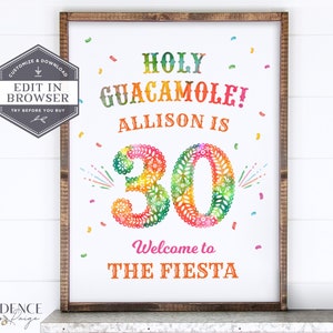 Pu&ograve; includere: Un cartello stampabile colorato per una festa di compleanno di 30 anni con il testo "Holy Guacamole! Allison ha 30 anni. Benvenuti alla Fiesta". Il numero 30 &egrave; decorato con un design floreale colorato.