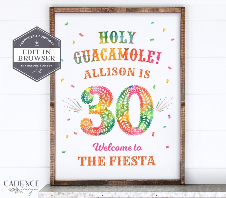 Pu&ograve; includere: Un cartello stampabile colorato per una festa di compleanno di 30 anni con il testo "Holy Guacamole! Allison ha 30 anni. Benvenuti alla Fiesta". Il numero 30 &egrave; decorato con un design floreale colorato.