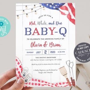 4th of July Baby Shower Invitation, Patriotic Baby Shower Invitation, Red White and Due Baby Shower, American, BabyQ Shower, Printable DIY image 1