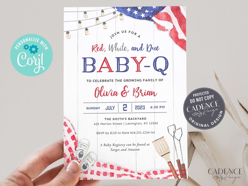 4th of July Baby Shower Invitation, Patriotic Baby Shower Invitation, Red White and Due Baby Shower, American, BabyQ Shower, Printable DIY image 1