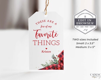 Favorite Things Gift Tag, Favorite Things Favor, Printable Holiday Gift Tags, Editable Holiday Tags, Customizable, DIY, EDITABLE, Corjl, BP