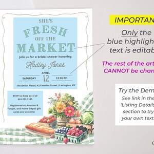 This Fresh Off the Market Bridal Shower invitation is perfect for a farmers market themed celebration. The design features watercolor illustrations of fresh cut flowers, fresh vegetables, mixed berries, crusty bread, and timeless green gingham setting the stage for a charming market style celebration.