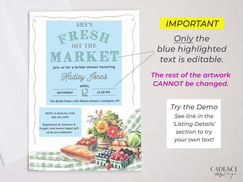 This Fresh Off the Market Bridal Shower invitation is perfect for a farmers market themed celebration. The design features watercolor illustrations of fresh cut flowers, fresh vegetables, mixed berries, crusty bread, and timeless green gingham setting the stage for a charming market style celebration.