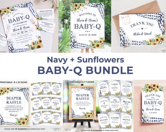 Baby-Q Shower Bundle, Navy and Sunflowers Baby-Q Decorations, BabyQ Shower Signs, Couples Shower BBQ Decorations, Gender Neutral, Corjl BQNS