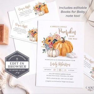 May include: A baby shower invitation featuring a watercolour illustration of pumpkins and flowers. The invitation is for a baby girl and reads "A Sweet Little Pumpkin is on the Way". The invitation includes the name Emily Robertson, the date and time of the shower, and the location. It also includes a diaper raffle card.