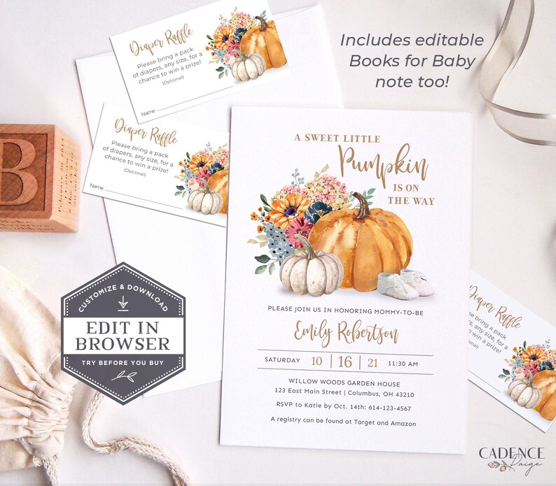 May include: A baby shower invitation featuring a watercolour illustration of pumpkins and flowers. The invitation is for a baby girl and reads "A Sweet Little Pumpkin is on the Way". The invitation includes the name Emily Robertson, the date and time of the shower, and the location. It also includes a diaper raffle card.