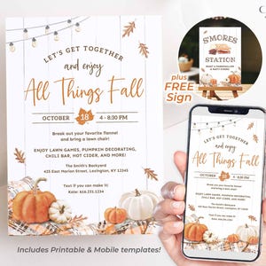 Puede incluir: Invitación con temática otoñal con el texto "Let's Get Together and Enjoy All Things Fall". El diseño incluye calabazas, hojas y luces de cadena. También se muestra una plantilla móvil, junto con un letrero para una estación de S'mores.