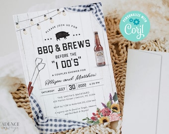 Navy BBQ Couples Shower Invitation, BBQ and Brews Invitation, bbq rehearsal invitation, Blue Couples Shower Invite, Printable Corjl NQ2