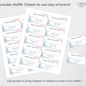 Puede incluir: Tickets de rifa imprimibles azules y rosas con el texto "Diapers + Wipes Raffle" y "Circle what you think: Blue or Pink".