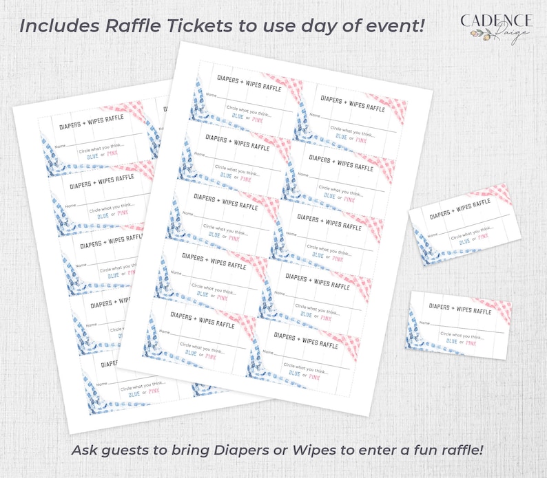 Puede incluir: Tickets de rifa imprimibles azules y rosas con el texto "Diapers + Wipes Raffle" y "Circle what you think: Blue or Pink".
