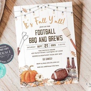 May include: Fall-themed invitation for a football BBQ and brews party. The invitation features a white wood background with string lights, a football, pumpkins, and a bottle of beer. The text on the invitation reads "It's Fall Y'all!" and includes the date, time, and location of the party.