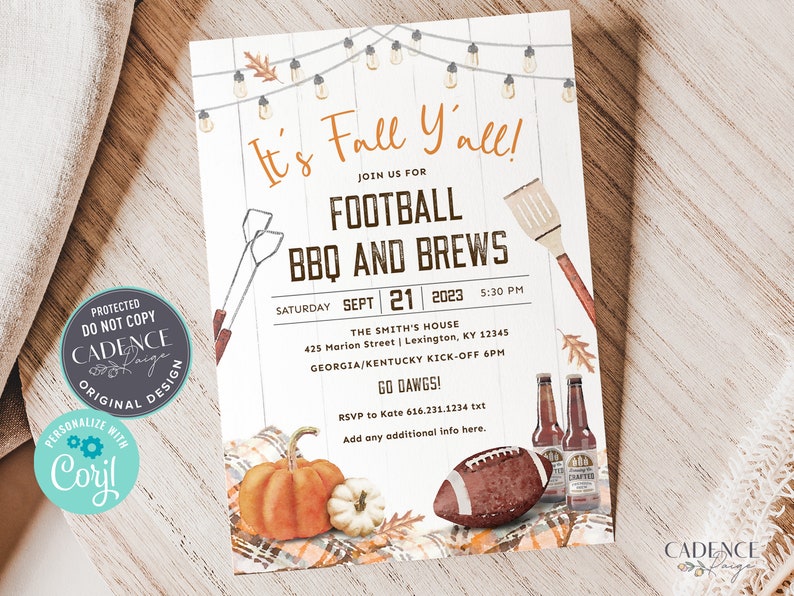 May include: Fall-themed invitation for a football BBQ and brews party. The invitation features a white wood background with string lights, a football, pumpkins, and a bottle of beer. The text on the invitation reads "It's Fall Y'all!" and includes the date, time, and location of the party.