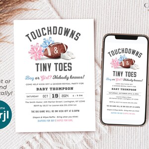 Football Gender Reveal Invitation Touchdown and Tiny Toes Invitation Gender Reveal Party Football Tailgate and Celebrate, Digital Printable image 4
