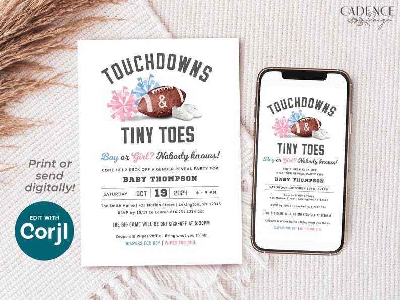 Football Gender Reveal Invitation Touchdown and Tiny Toes Invitation Gender Reveal Party Football Tailgate and Celebrate, Digital Printable image 4