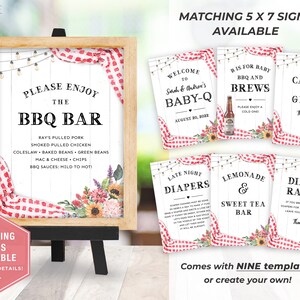 May include: Nine printable 5x7 inch signs for a baby shower with a BBQ theme. The signs feature a red and white gingham pattern, floral illustrations, and string lights. The signs include text such as "Welcome to Sarah & Andrew's Baby-Q", "Bis for Baby BBQ and Brews", "Cards and Gifts", "Late Night Diapers", "Lemonade & Sweet Tea Bar", and "Diaper Raffle".