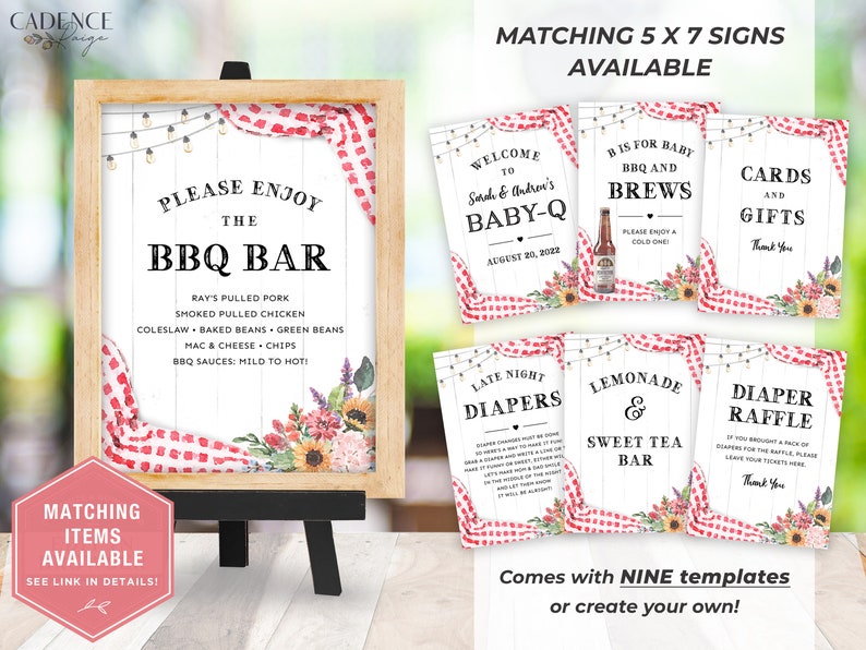 May include: Nine printable 5x7 inch signs for a baby shower with a BBQ theme. The signs feature a red and white gingham pattern, floral illustrations, and string lights. The signs include text such as "Welcome to Sarah & Andrew's Baby-Q", "Bis for Baby BBQ and Brews", "Cards and Gifts", "Late Night Diapers", "Lemonade & Sweet Tea Bar", and "Diaper Raffle".