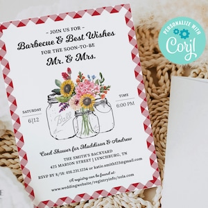 BBQ Wedding Shower Invitation, BBQ Anniversary Invitation, Southern bbq, bbq rehearsal dinner invite, Mason Jars, Printable, Corjl, A22, W2