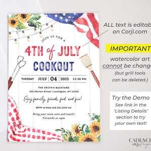 4th of July Party Invitation, 4th of July Cookout Invitation, July 4th ...