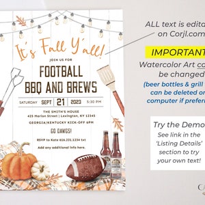 May include: A printable invitation for a football tailgate party with a watercolor background featuring pumpkins, fall leaves, and a football. The text reads "It's Fall Y'all!" and includes details about the event, including the date, time, and location. The invitation also includes the text "Go Dawgs!" and "RSVP to Kate 616.231.1234 txt".