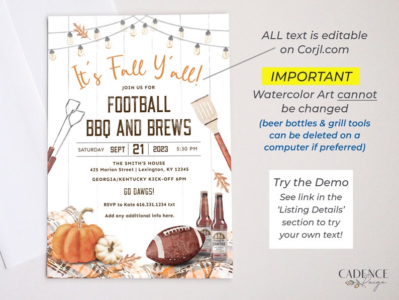 May include: A printable invitation for a football tailgate party with a watercolor background featuring pumpkins, fall leaves, and a football. The text reads "It's Fall Y'all!" and includes details about the event, including the date, time, and location. The invitation also includes the text "Go Dawgs!" and "RSVP to Kate 616.231.1234 txt".
