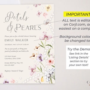 Petals and Pearls Bridal Shower Invitation, Petals Wedding Shower Brunch, Neutral Color Palette, Soft hues Wildflowers Printable Digital P14 image 5