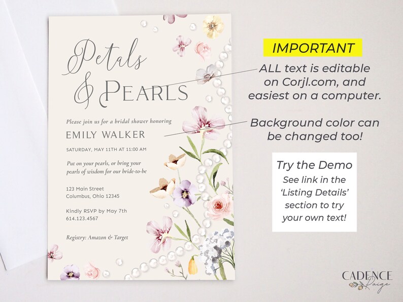 Petals and Pearls Bridal Shower Invitation, Petals Wedding Shower Brunch, Neutral Color Palette, Soft hues Wildflowers Printable Digital P14 image 5