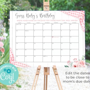 Pink Baby-Q Calendar Game, Guess Baby Girl&#39;s Birth Date Sign, BBQ Baby Shower Sign, Coed Baby Shower Game, Printable Sign Corjl, BQ15