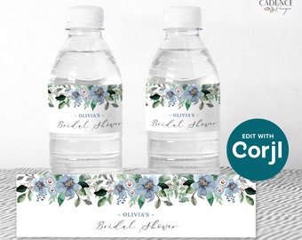 Printable Water Bottle Labels with blue flowers water bottle label Dusty Blue Bridal Bottle Labels Matching Bottle Label, EDITABLE, Corjl B6
