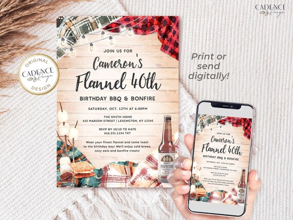 Flannel Birthday Invitation Fall Birthday Invite Flannel Invite 40th Birthday Bonfire Casual Birthday Party Invite Editable Corjl, MF