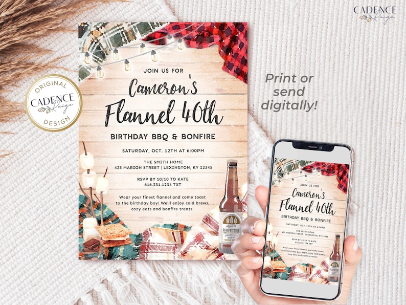 Flannel birthday invitation for a 40th birthday bonfire or bbq. The design features different flannel plaids in the corners and surrounding the main text. There 's s'mores and a bottle of beer on the invite as well, but can be removed.