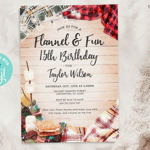 May include: A watercolor illustration of a birthday party invitation with a flannel and fun theme. The invitation features a rustic wooden background with a red and black plaid blanket, a campfire with marshmallows, and the text "Join us for a Flannel & Fun 13th Birthday - for Taylor Wilson".