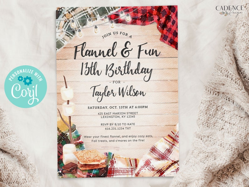 May include: A watercolor illustration of a birthday party invitation with a flannel and fun theme. The invitation features a rustic wooden background with a red and black plaid blanket, a campfire with marshmallows, and the text "Join us for a Flannel & Fun 13th Birthday - for Taylor Wilson".