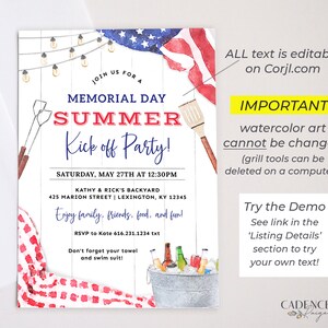 Memorial Day Party Invitation, Memorial Day Picnic Invite, Summer Kick off Pool Party Invite, Memorial Day BBQ Invite, Cookout DIY Printable image 6