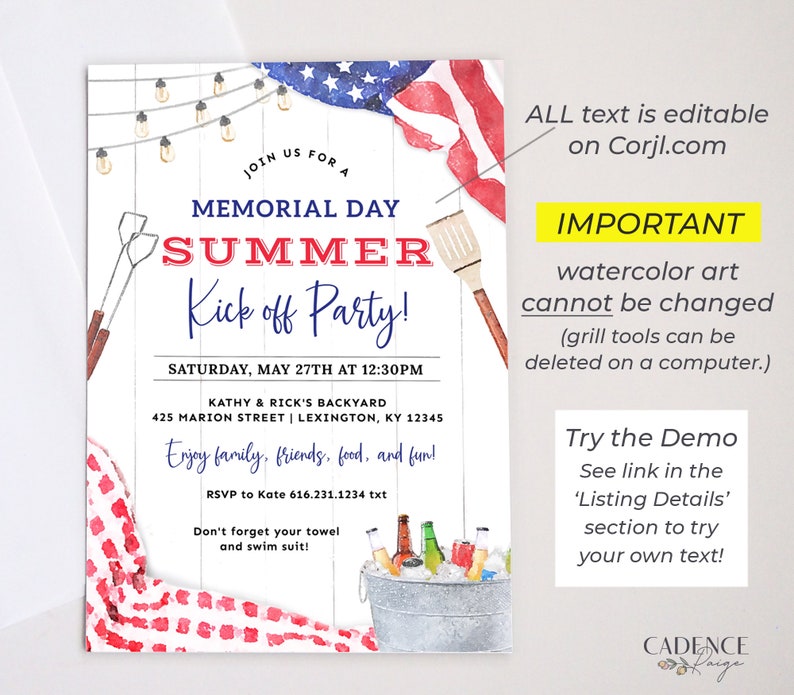 Memorial Day Party Invitation, Memorial Day Picnic Invite, Summer Kick off Pool Party Invite, Memorial Day BBQ Invite, Cookout DIY Printable image 6