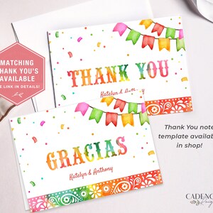 May include: Two printable thank you cards featuring a colourful fiesta theme. The top card reads "Thank You" with a string of colourful flags and confetti. The bottom card reads "Gracias" with the same flags and confetti. Both cards have a floral border.
