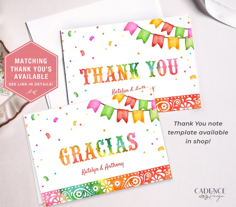 May include: Two printable thank you cards featuring a colourful fiesta theme. The top card reads "Thank You" with a string of colourful flags and confetti. The bottom card reads "Gracias" with the same flags and confetti. Both cards have a floral border.