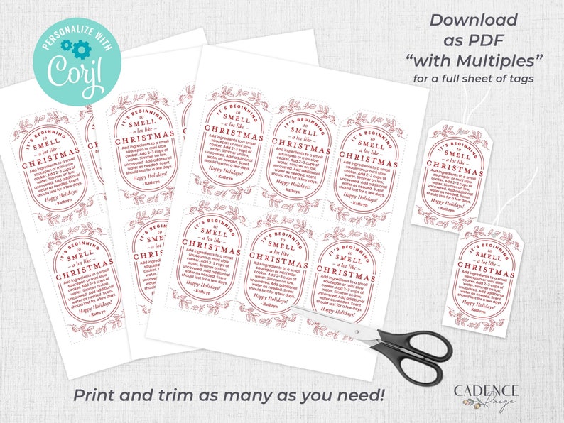 May include: Printable Christmas gift tags with a red and white design. The tags feature the text "It's beginning to smell like Christmas" and a holly leaf design. The tags are designed to be printed and trimmed.