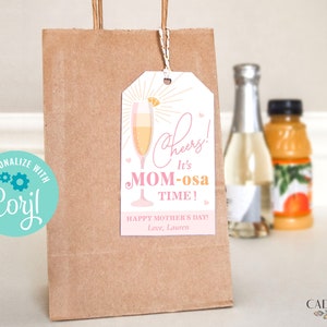 May include: A brown paper gift bag with a pink and gold gift tag that says "Cheers! It's Mom-osa Time! Happy Mother's Day! Love, Lauren".