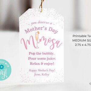 Pu&ograve; includere: Etichetta regalo stampabile per la Festa della Mamma con pois rosa e un'illustrazione di mimosa rosa. L'etichetta recita "Ti meriti un mimosa per la Festa della Mamma. Apri lo spumante. Versa un po' di succo. Rilassati e goditi! Buona Festa della Mamma! Da Kelley". L'etichetta misura 7 cm per 12 cm.