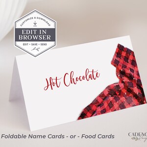 以下が含まれることがあります： 赤と黒の格子柄のデザインと「ホットチョコレート」のテキストが書かれた、折り畳み式のネームカードまたはフードカードのテンプレート。カードはカスタマイズ可能で、ウェブブラウザで編集できます。