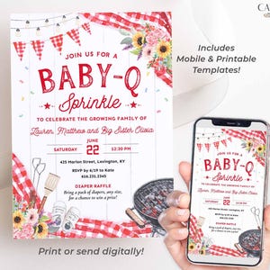 May include: A red and white gingham baby shower invitation with a woodgrain background. The invitation features a grill, a picnic basket, and a floral arrangement. The text on the invitation reads "Join us for a Baby-Q Sprinkle to celebrate the growing family of Lauren, Matthew and Big Sister Olivia. Saturday, June 22, 12:30 PM. 425 Marion Street, Lexington, KY. RSVP by 6/19 to Kate 616.231.2345. Diaper Raffle. Bring a pack of diapers, any size, for a chance to win a prize!"