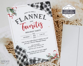 May include: A white invitation with a red and green holiday design. The invitation reads "Join us for a Flannel and Favorites Holiday Party" with the date and time of the party. The invitation also includes the address and RSVP information.