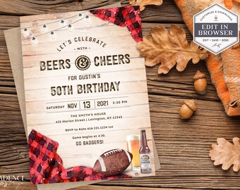 30th 40th 50th 60th Football Birthday Party, Beers and Cheers to 40 years, Fall Football Party, Tailgate Party, Game Day, Printable, Corjl