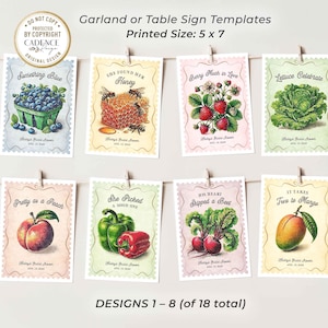 Fresh Off the Market Bridal Shower Banner featuring 18 unique 5x7 hanging signs, each adorned with vibrant fruit and vegetable illustrations and clever love-themed puns. Perfect for adding a fresh, rustic feel to your bridal shower, bachelorette party, or engagement celebration! Hang them all together as a statement piece or scatter them around the venue for a playful touch. Whether displayed indoors or outdoors, this bunting brings a pop of color and a dash of wit to your special day!