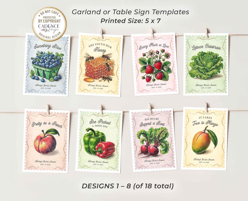 Fresh Off the Market Bridal Shower Banner featuring 18 unique 5x7 hanging signs, each adorned with vibrant fruit and vegetable illustrations and clever love-themed puns. Perfect for adding a fresh, rustic feel to your bridal shower, bachelorette party, or engagement celebration! Hang them all together as a statement piece or scatter them around the venue for a playful touch. Whether displayed indoors or outdoors, this bunting brings a pop of color and a dash of wit to your special day!