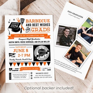 Può includere: Un invito a una festa di laurea di colore nero e arancione con tema barbecue. L'invito presenta un cappello di laurea, una griglia e il testo "Barbecue e i migliori auguri per i laureati". L'invito include anche i nomi dei laureati: Austin Smith, Reese Kerrigan e Dylan Miller. La festa è prevista per sabato 8 giugno dalle 14:00 alle 19:00.