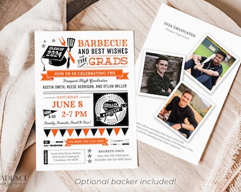 May include: A black and orange graduation party invitation with a barbecue theme. The invitation features a graduation cap, a grill, and the text "Barbecue and Best Wishes for the Grads". The invitation also includes the names of the graduates: Austin Smith, Reese Kerrigan, and Dylan Miller. The party is scheduled for Saturday, June 8th from 2-7 PM.