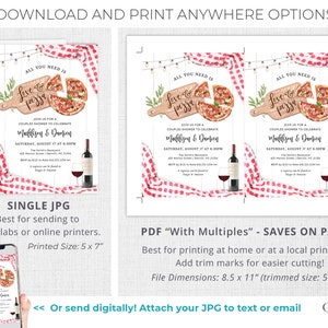 May include: Printable invitation for a couples shower with a pizza theme. The invitation features a watercolor illustration of a pizza on a wooden cutting board with the text "All you need is Love & Pizza". The invitation is decorated with red and white checkered fabric and string lights.