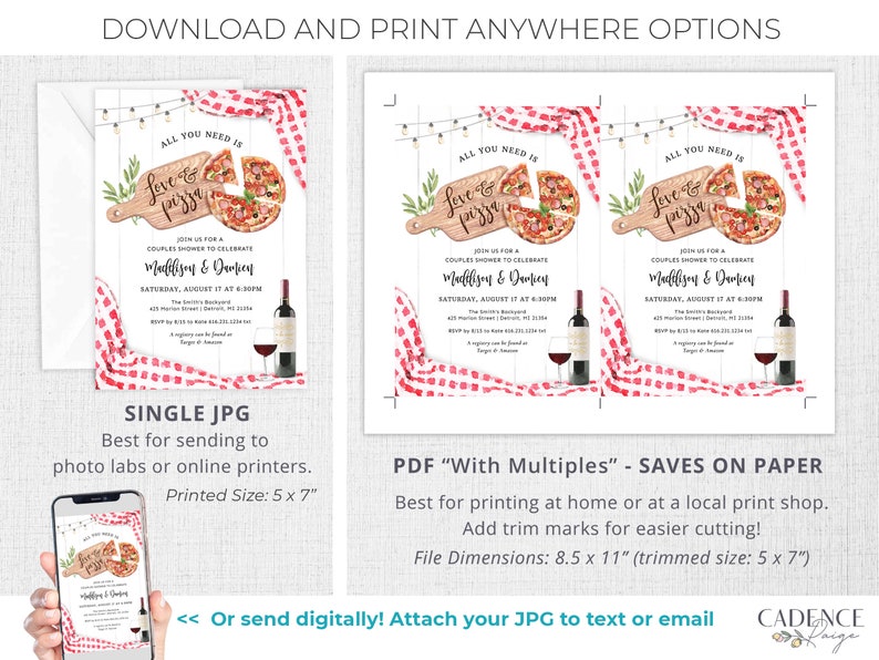 May include: Printable invitation for a couples shower with a pizza theme. The invitation features a watercolor illustration of a pizza on a wooden cutting board with the text "All you need is Love & Pizza". The invitation is decorated with red and white checkered fabric and string lights.
