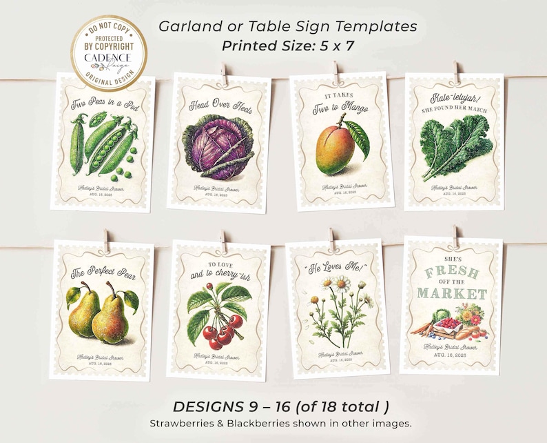 Fresh Off the Market Bridal Shower Banner featuring 18 unique 5x7 hanging signs, each adorned with vibrant fruit and vegetable illustrations and clever love-themed puns. Perfect for adding a fresh, rustic feel to your bridal shower, bachelorette party, or engagement celebration! Hang them all together as a statement piece or scatter them around the venue for a playful touch. Whether displayed indoors or outdoors, this bunting brings a pop of color and a dash of wit to your special day!